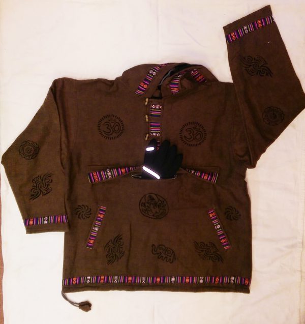 Bhutan Style Cotton Baja Pullover Anorak With Fleece Lining Showing Kangaroo Pocket