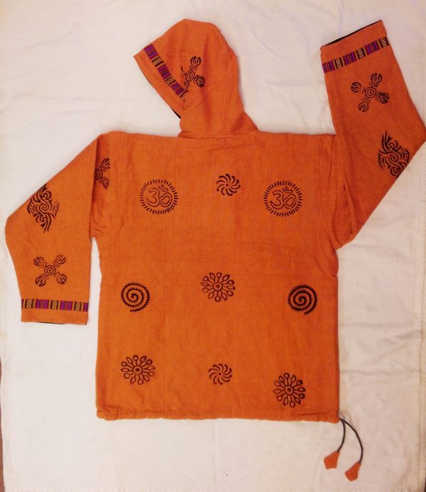 Bhutan Style Cotton Baja Pullover Anorak With Fleece Lining Backside Showing Stamp Prints